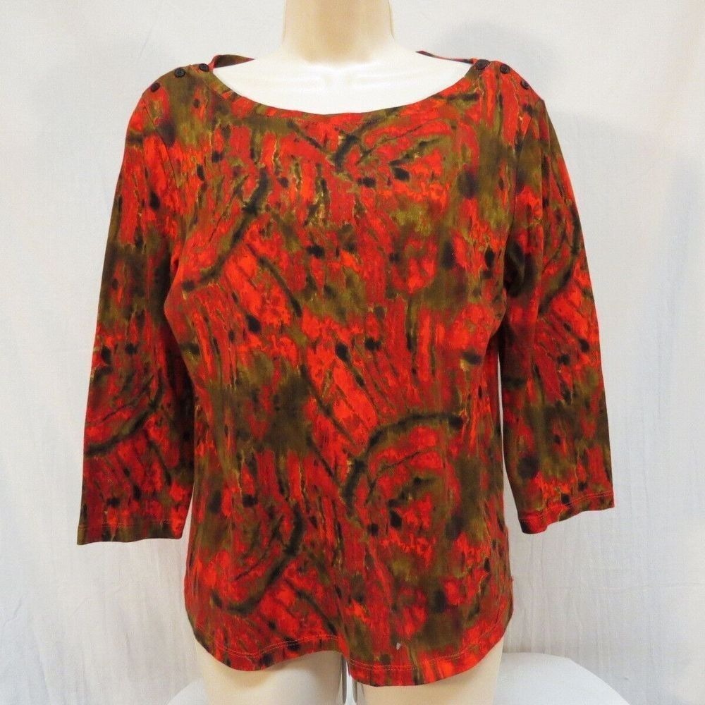 Jones New York SignatureTop Blouse Abstract Print 3/4 Sleeve Button Detail  Sz L